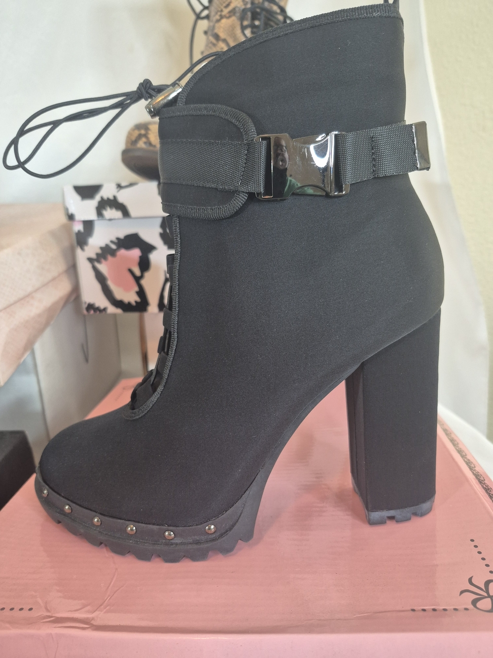 Pazzle Women's Black High Block Heel Ankle Boot with Buckle
